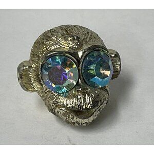 Vintage Small NEMO Signed Monkey Face with Large AB Rhinestone Eyes Pin Brooch
